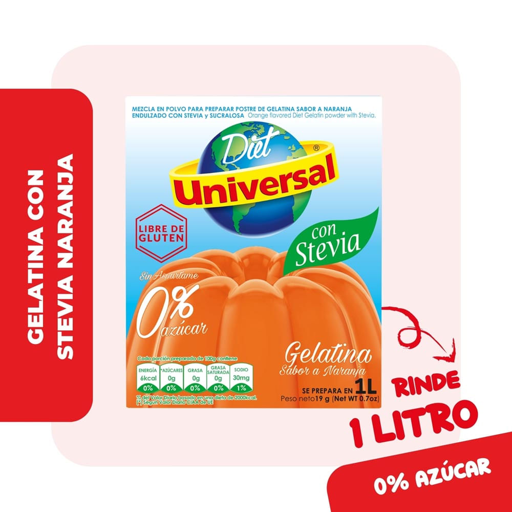 Gelatina Diet Universal con Stevia Naranja Caja 19gr
