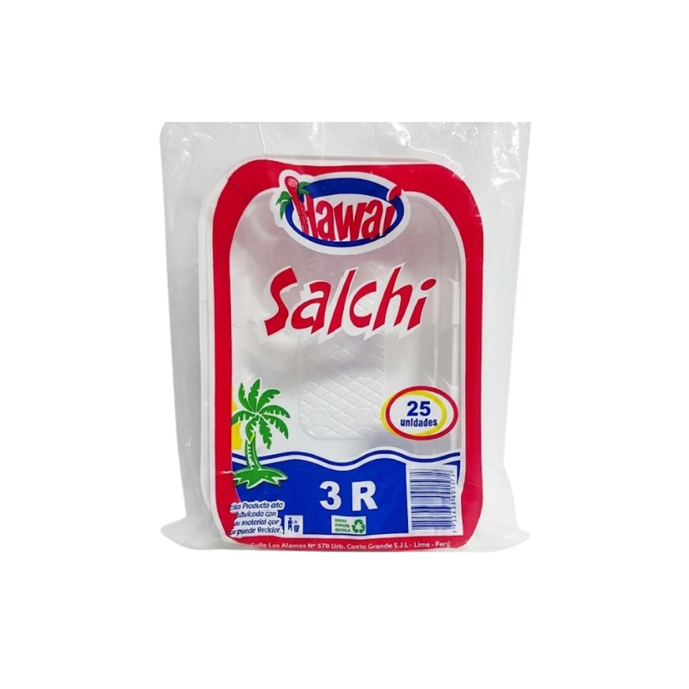 Bandeja Descartable Hawai Salchi 3R Blanco Paquete X 25un.