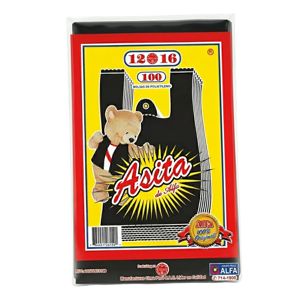 Bolsa Plástica Asita Negro con Asa 12X16 " Paquete 100un.