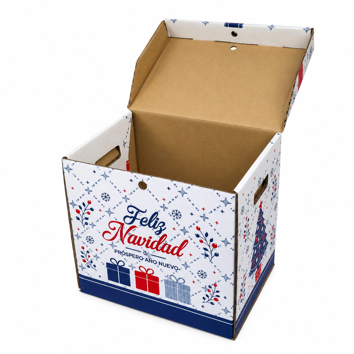 Caja Navideña de Cartón Lazo Azul y Rojo