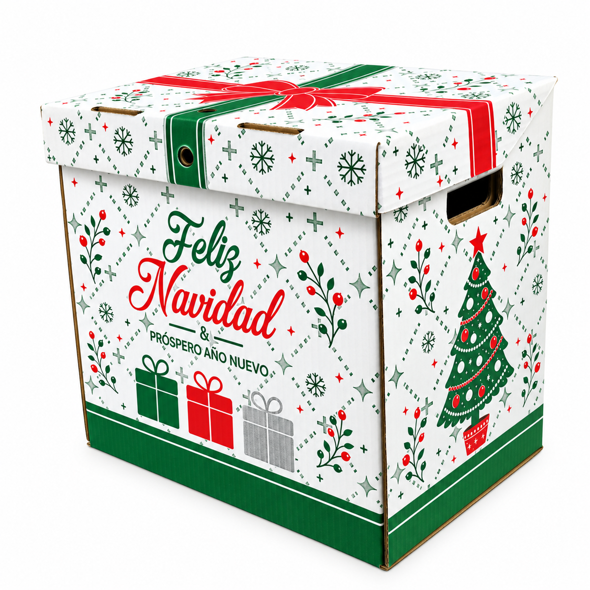 Caja Navideña de Cartón Lazo Rojo y Verde