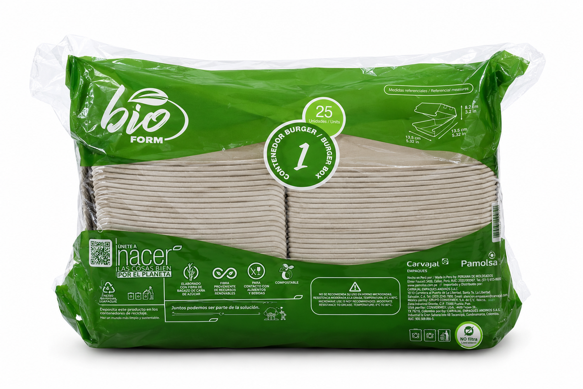Contenedor Burger 1 Bio - Bagazo de Caña Pamolsa Paquete x 25 un.