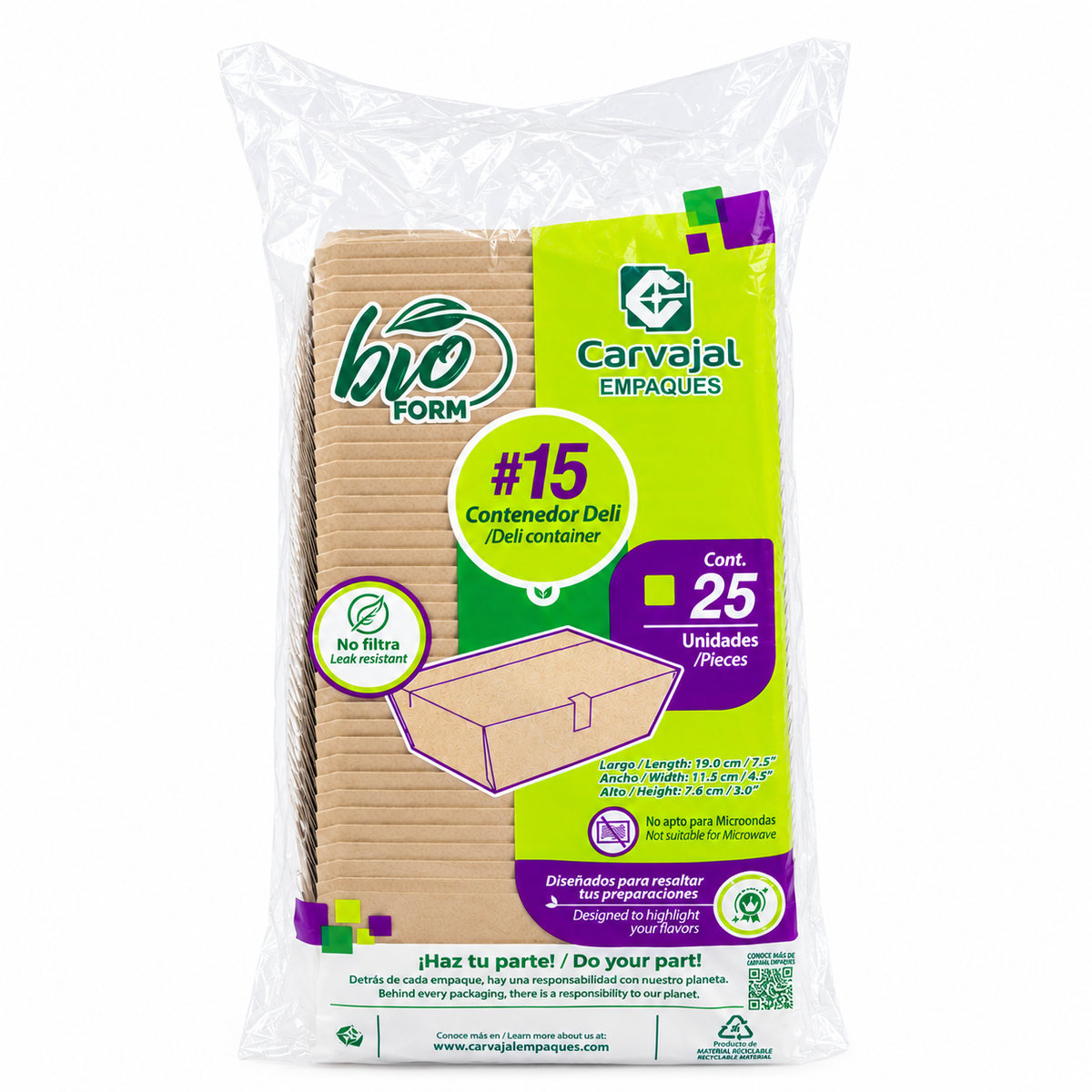 Contenedor de Cartón y Fibra Deli Bio Form N°15 pamolsa Paquete de 25 un.