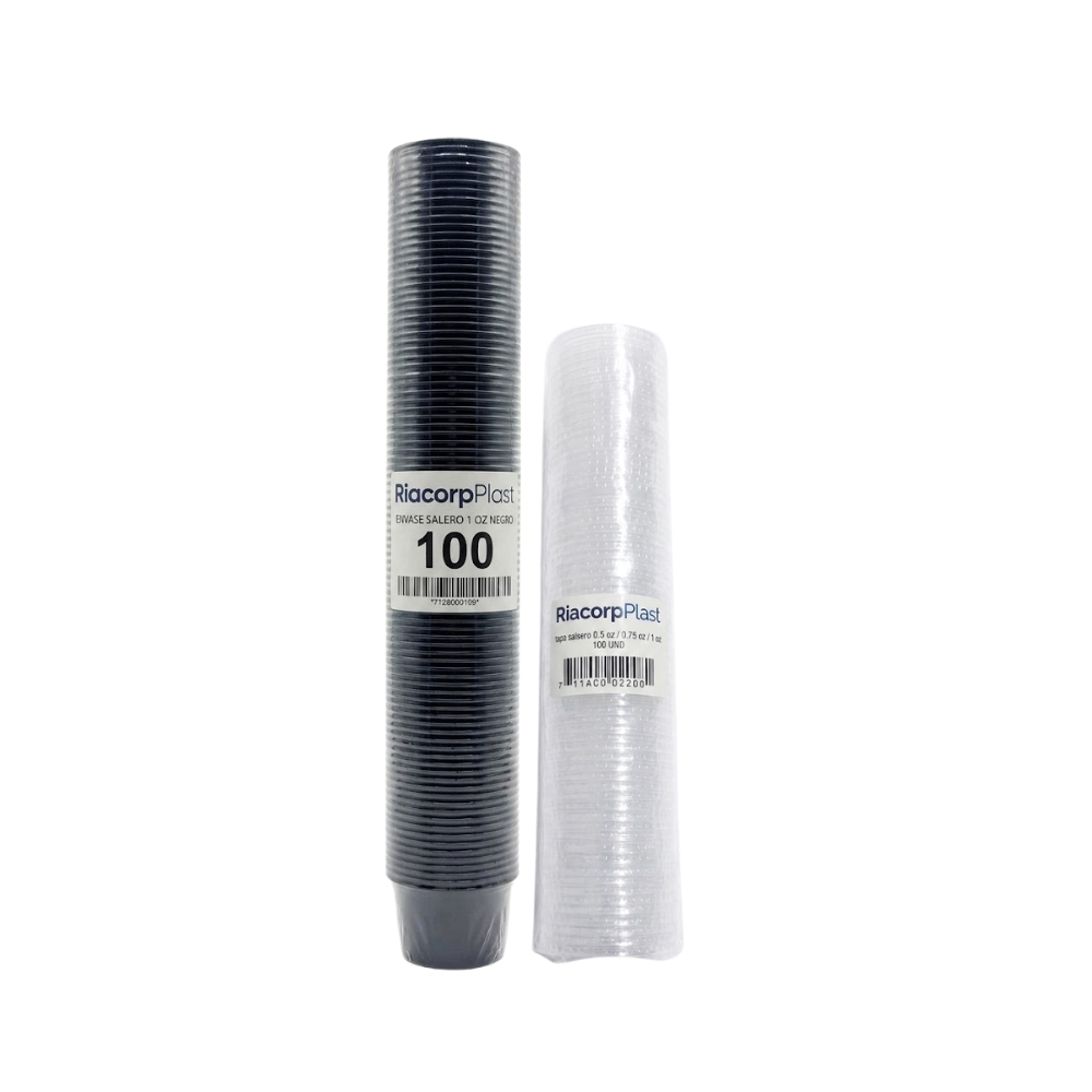 Envase Ajicero Negro Descartable Riacorp con Tapa 1 oz Paquete x 100un.