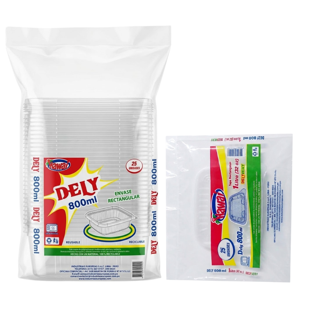 Envase Descartable Hawai Dely Transparente 800ml con Tapa Paquete 25un.