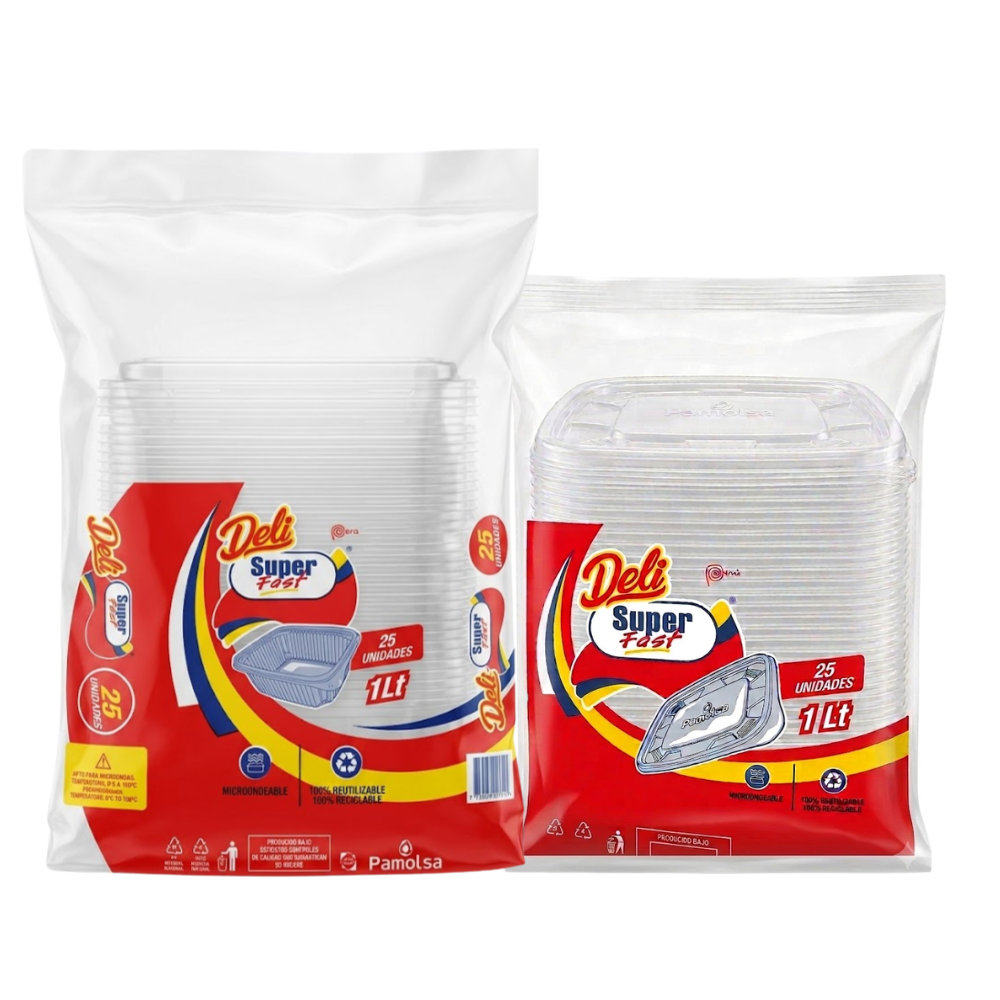 Envase Descartable Pamolsa Deli Transparente Super Fast 1Lt con Tapa Paquete 25un.