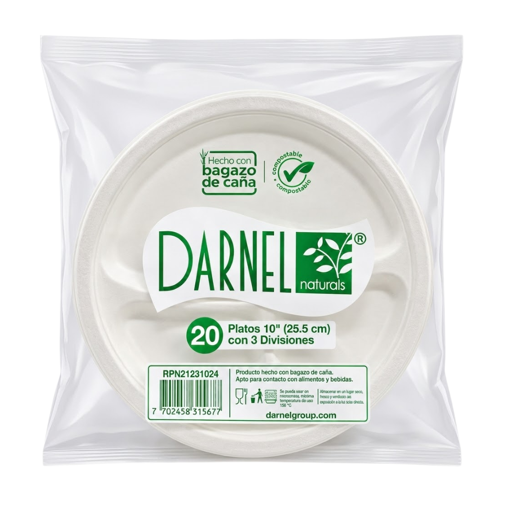Plato Biodegradable 26" 25.5cm 3 Divisiones Darnel N. Bagazo de Caña Paquete x 20 un.