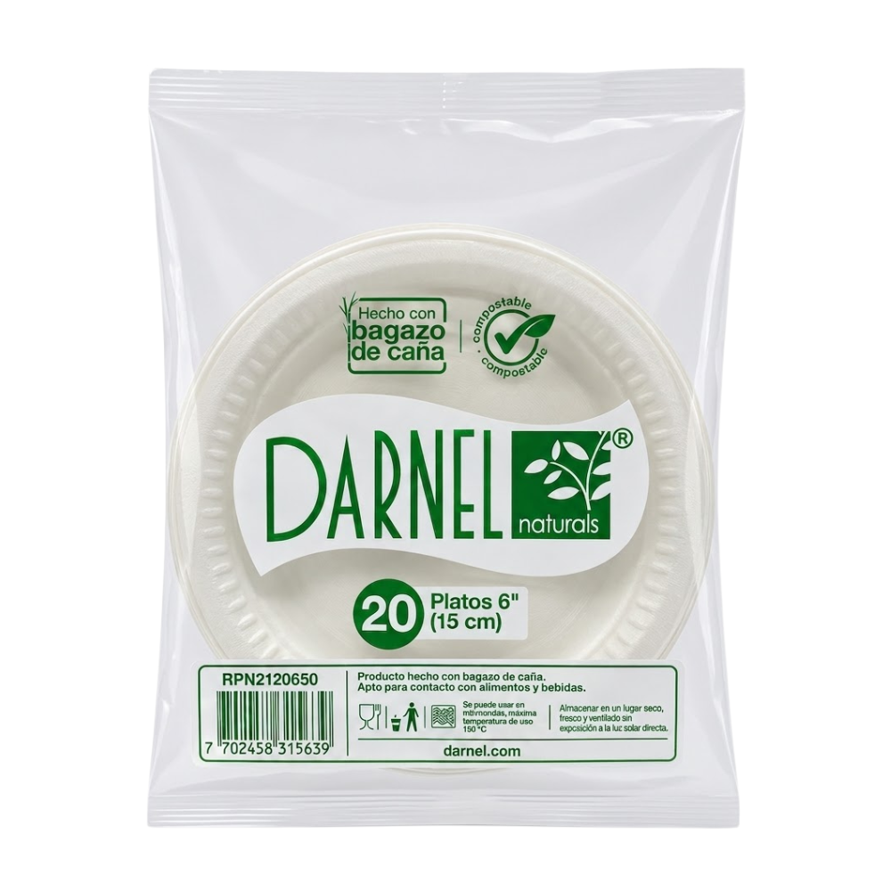 Plato Biodegradable 6" 15cm Darnel Naturals Bagazo de Caña Paquete x 20 un.