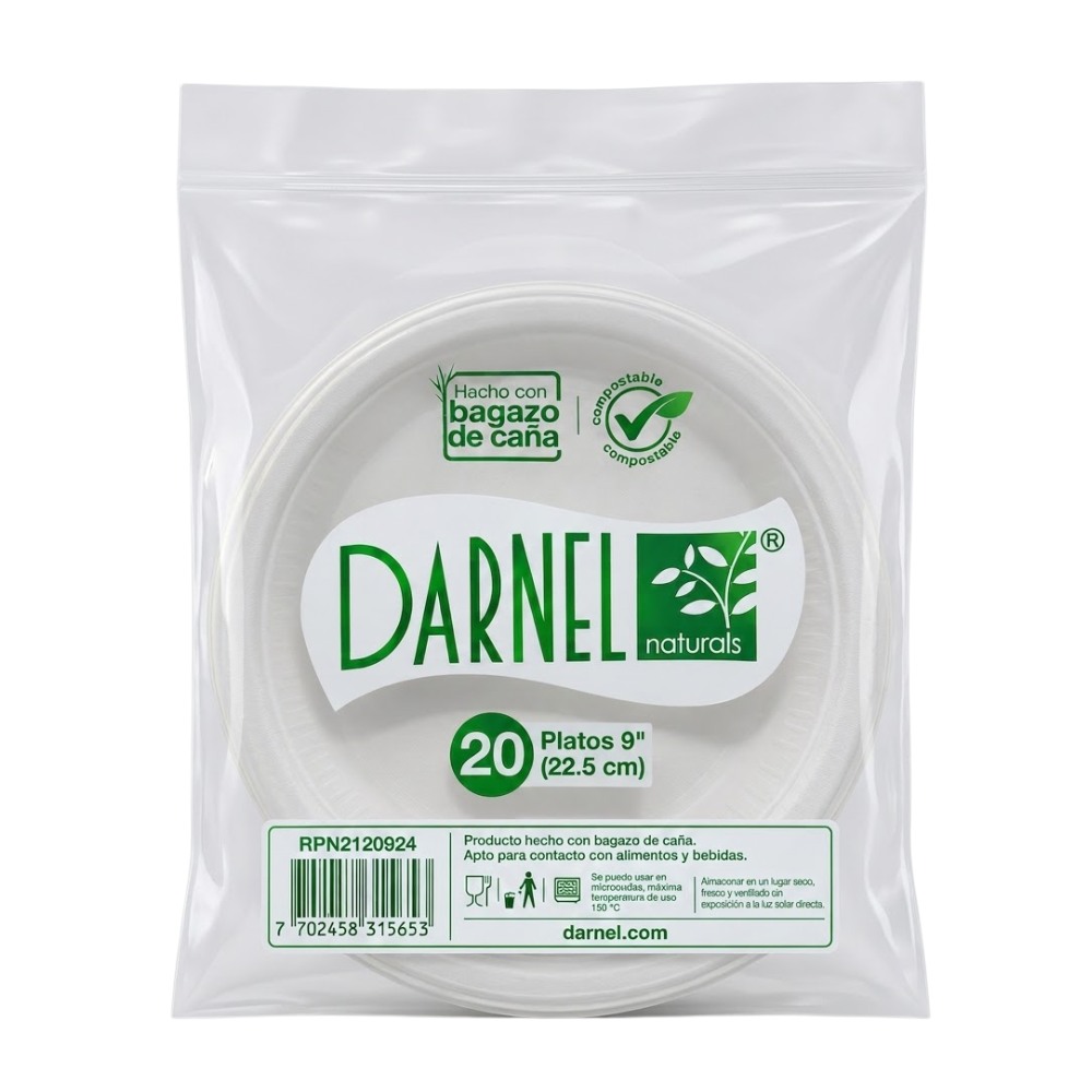 Plato Biodegradable 9" 22.5 cm Darnel Naturals Bagazo de Caña Paquete x 20 un.