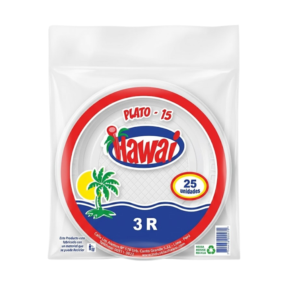 Plato Descartable Hawai 15 3R Blanco Paquete 25un.