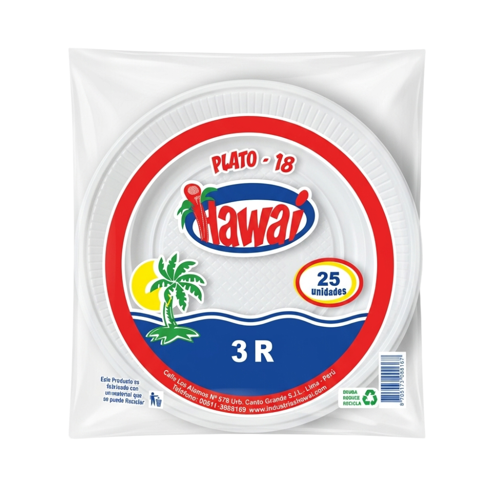 Plato Descartable Hawai 18 3R Blanco Paquete 25un.