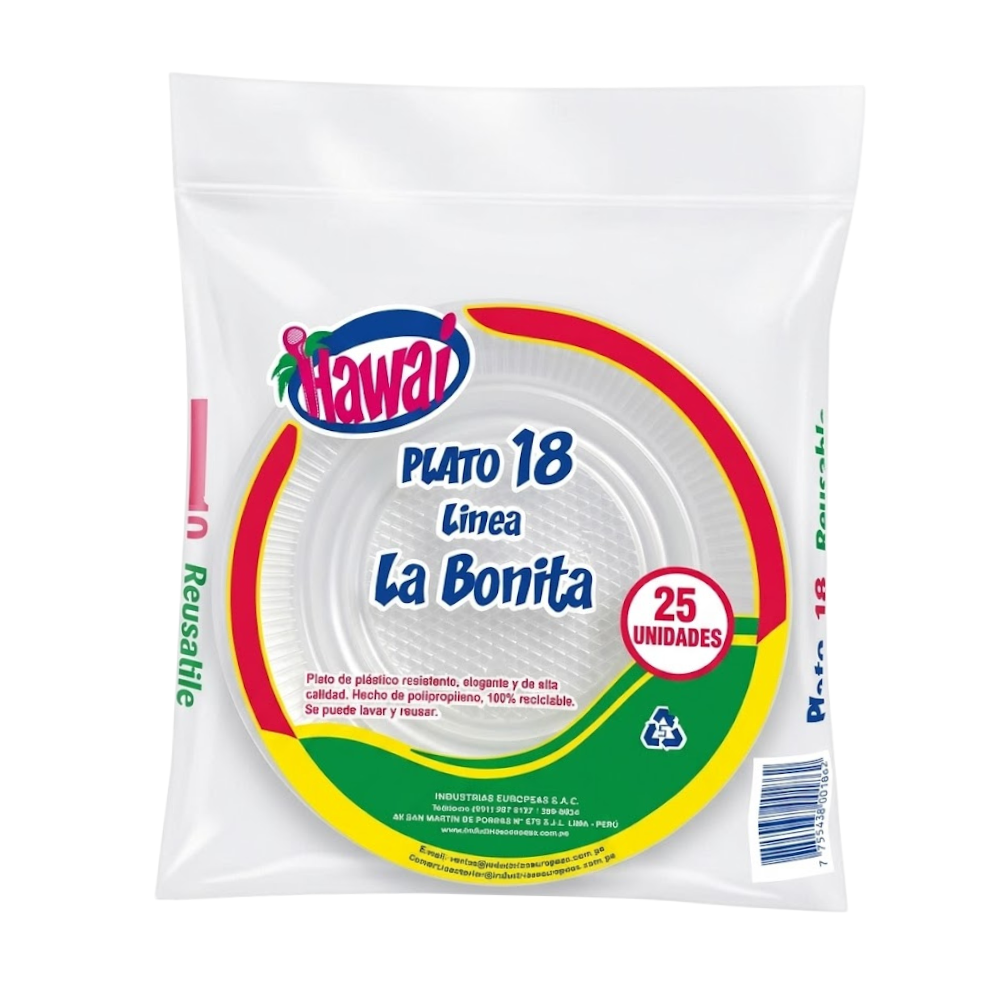 Plato Descartable Hawai 18 3R Transparente Paquete 25un.