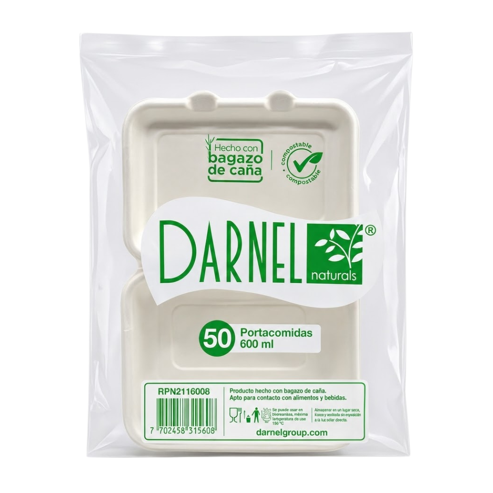 Portacomida Bagazo de Caña Darnel Naturals 600 ml (Paquete x 50 uni.