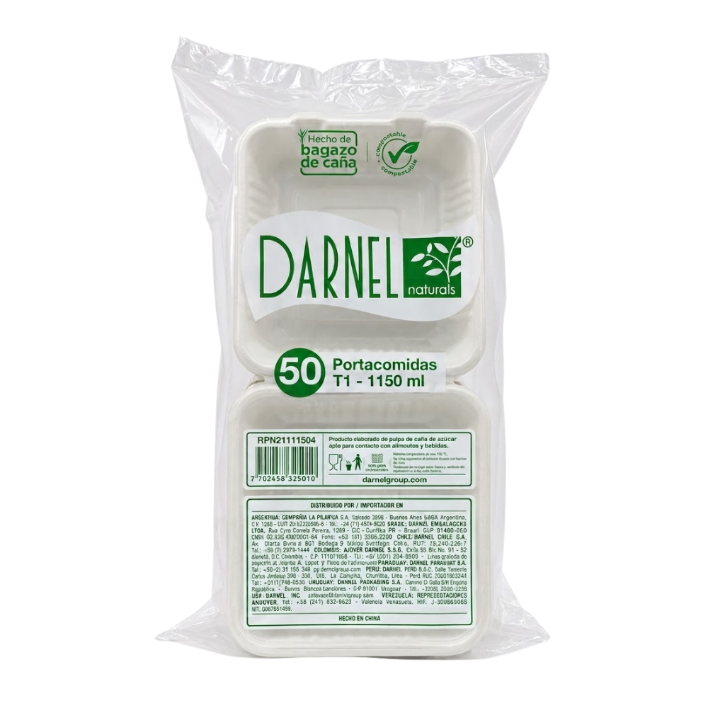 Portacomida CT1 Bagazo de Caña Darnel Naturals T1 1150 ml Paquete x 50 uni.