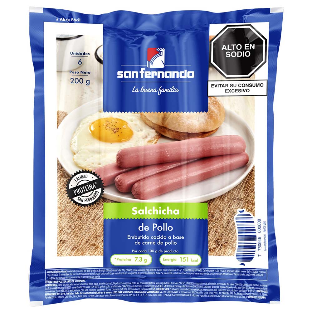 Salchicha de Pollo San Fernando Paquete 6und 200gr