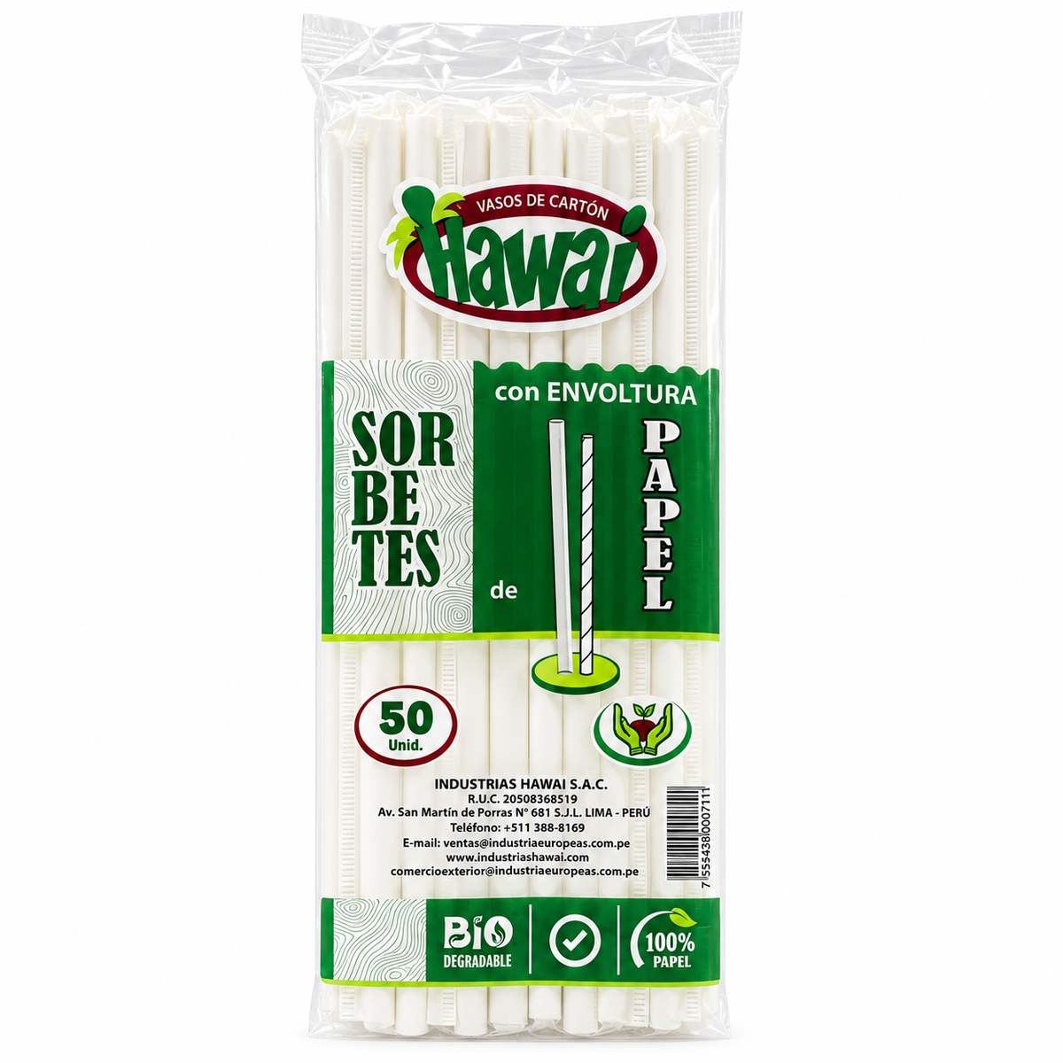 Sorbete Compostable Biodegradable Flex Hawai con Envoltura paquete x 50 un.