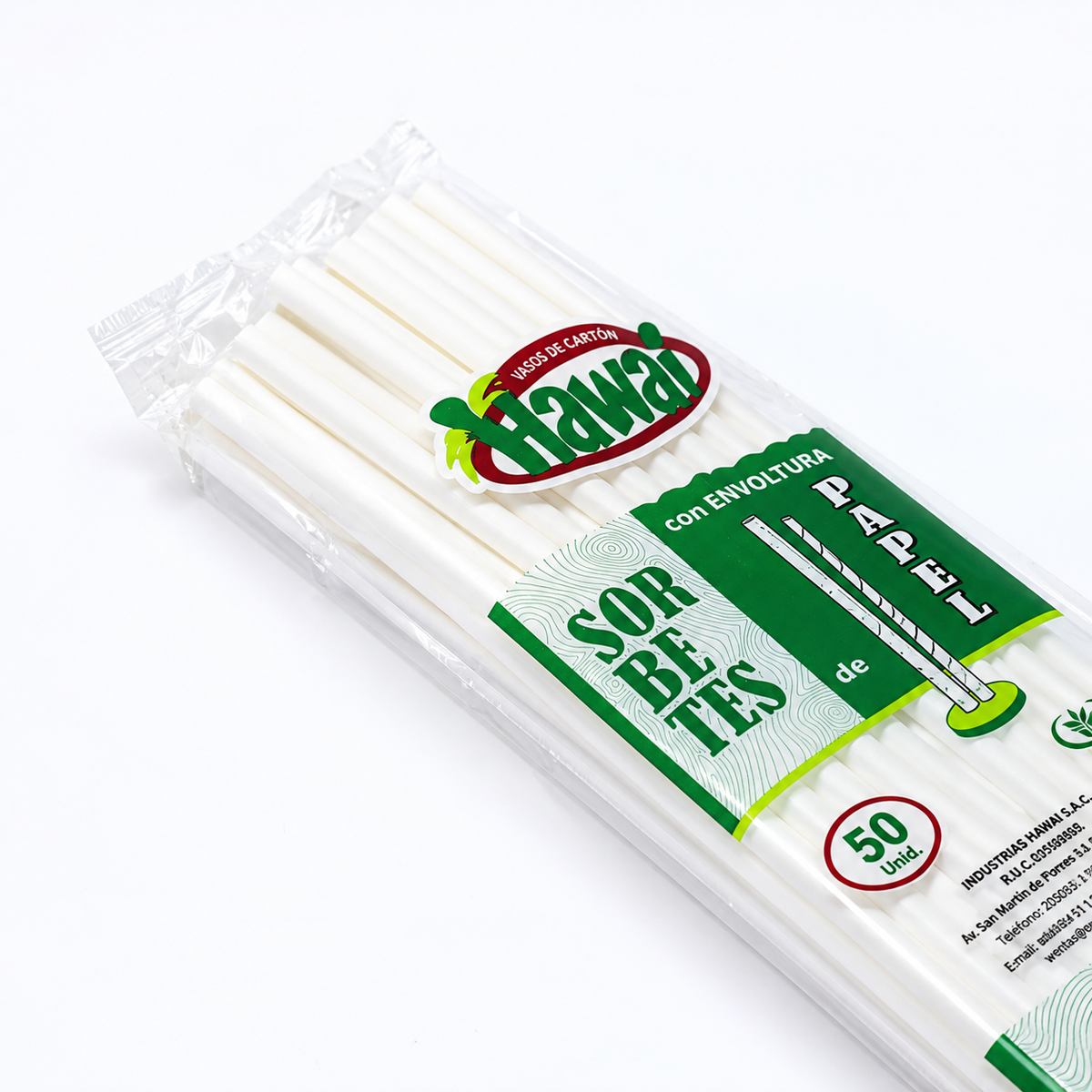 Sorbete Compostable Biodegradable Flex Hawai con Envoltura paquete x 50 un.