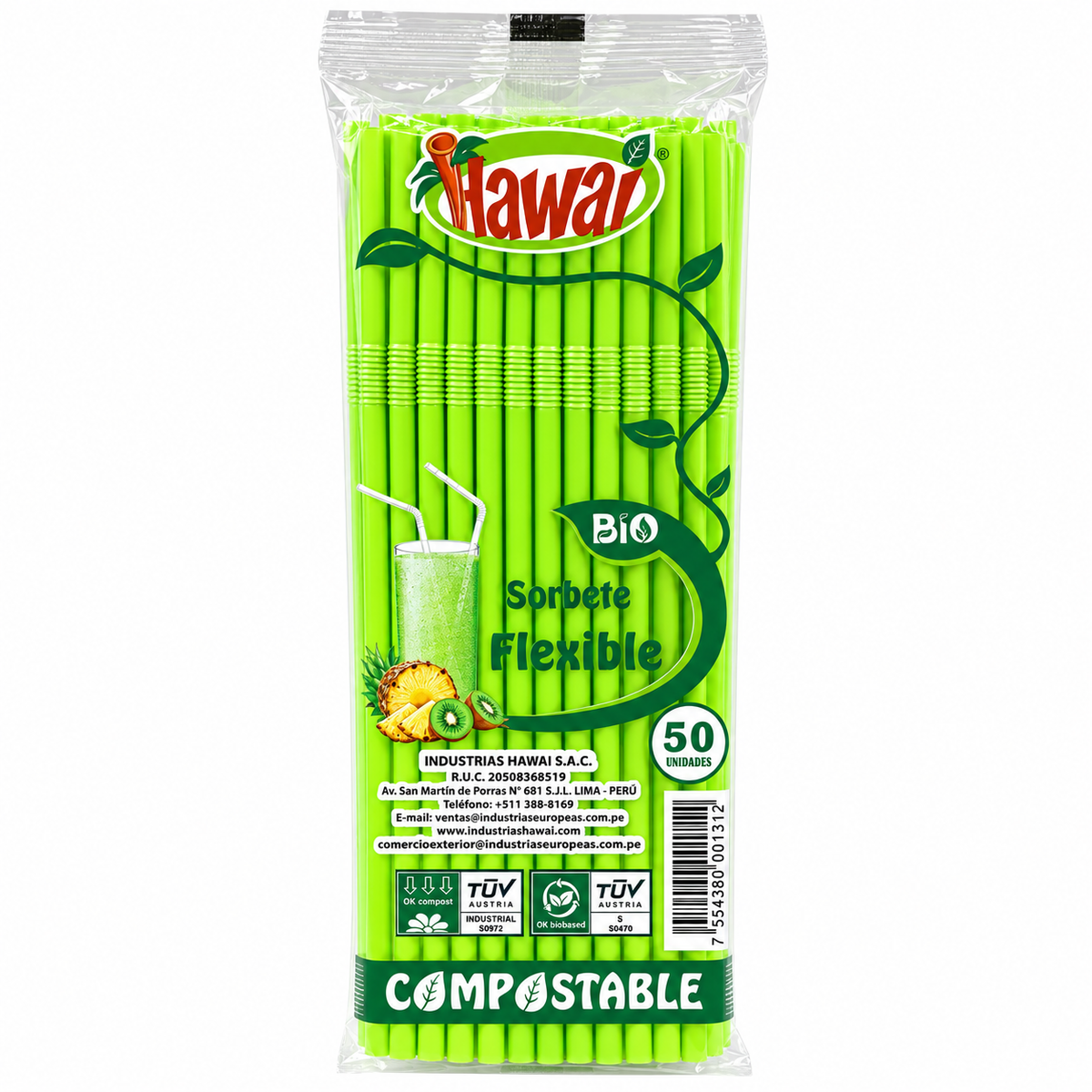 Sorbete Flexible Compostable Hawai Colores Paquete x 50 un.