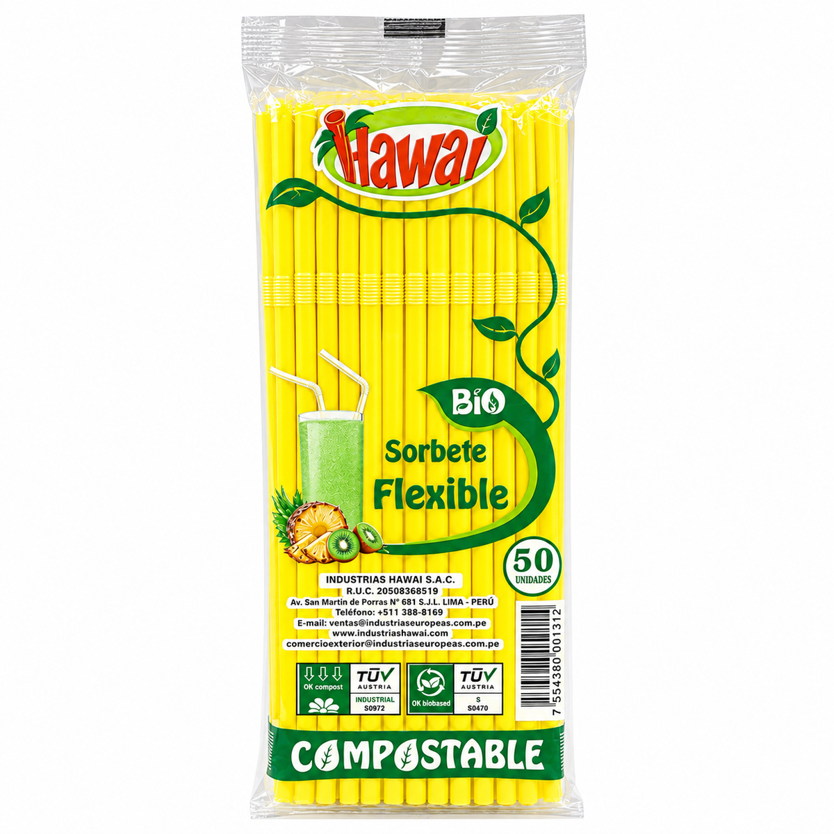 Sorbete Flexible Compostable Hawai Colores Paquete x 50 un.
