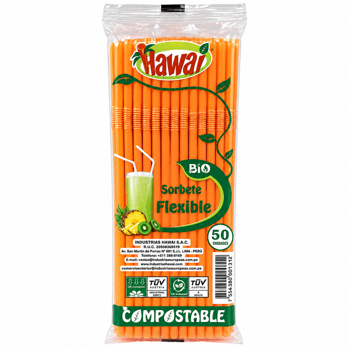 Sorbete Flexible Compostable Hawai Colores Paquete x 50 un.