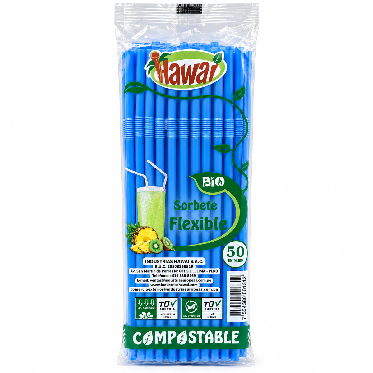 Sorbete Flexible Compostable Hawai Colores Paquete x 50 un.