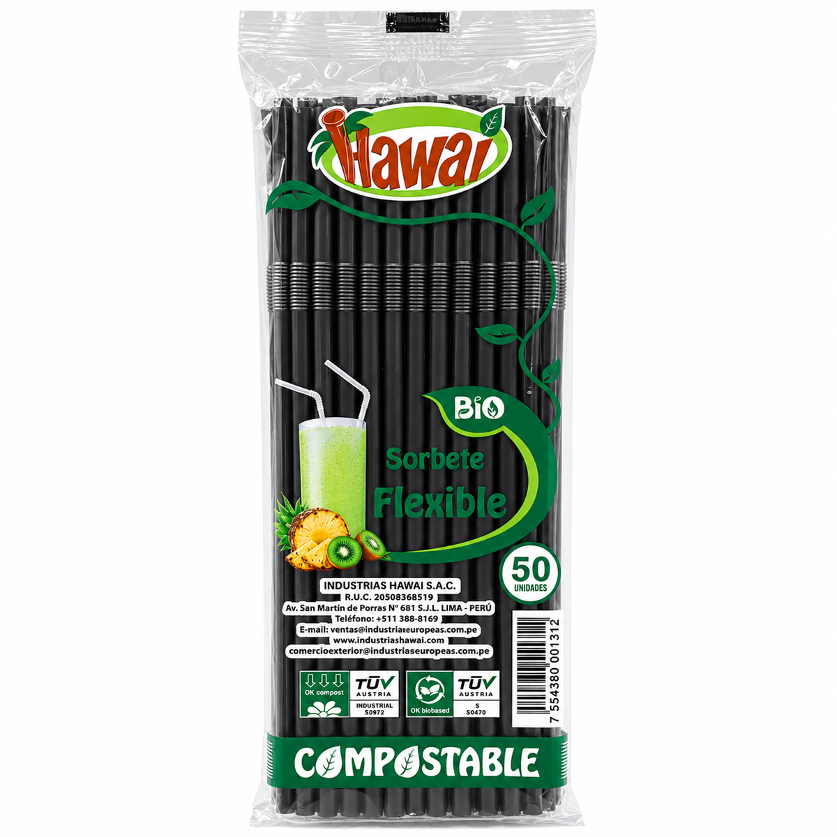 Sorbete Flexible Compostable Hawai Colores Paquete x 50 un.