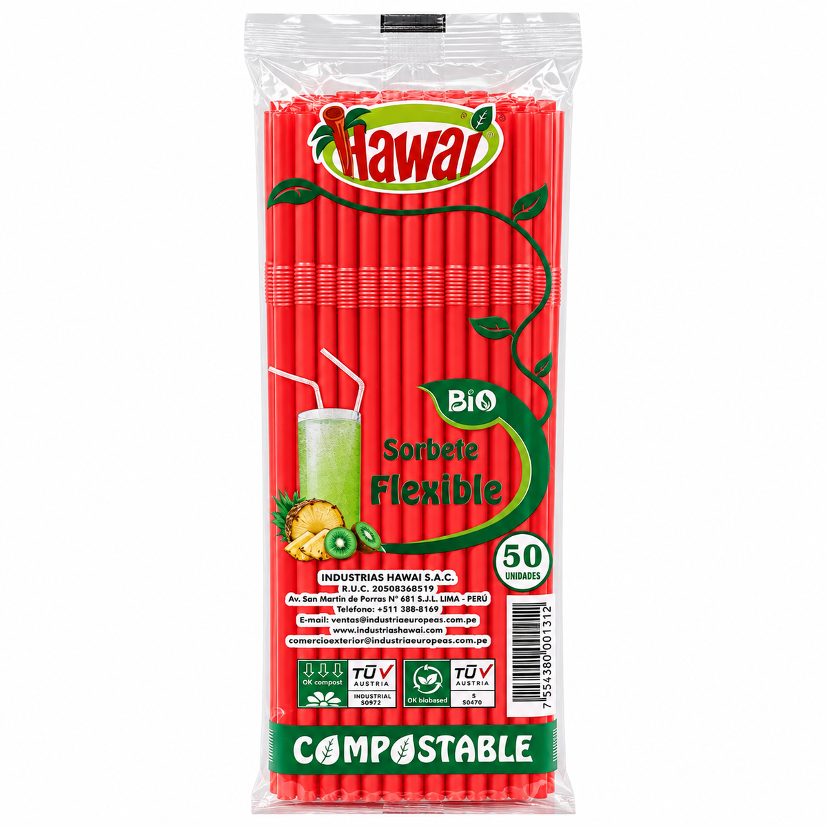 Sorbete Flexible Compostable Hawai Colores Paquete x 50 un.