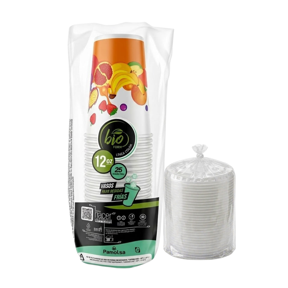 Vaso Fruta con Tapa Pamolsa 12 oz Paquete 25un.