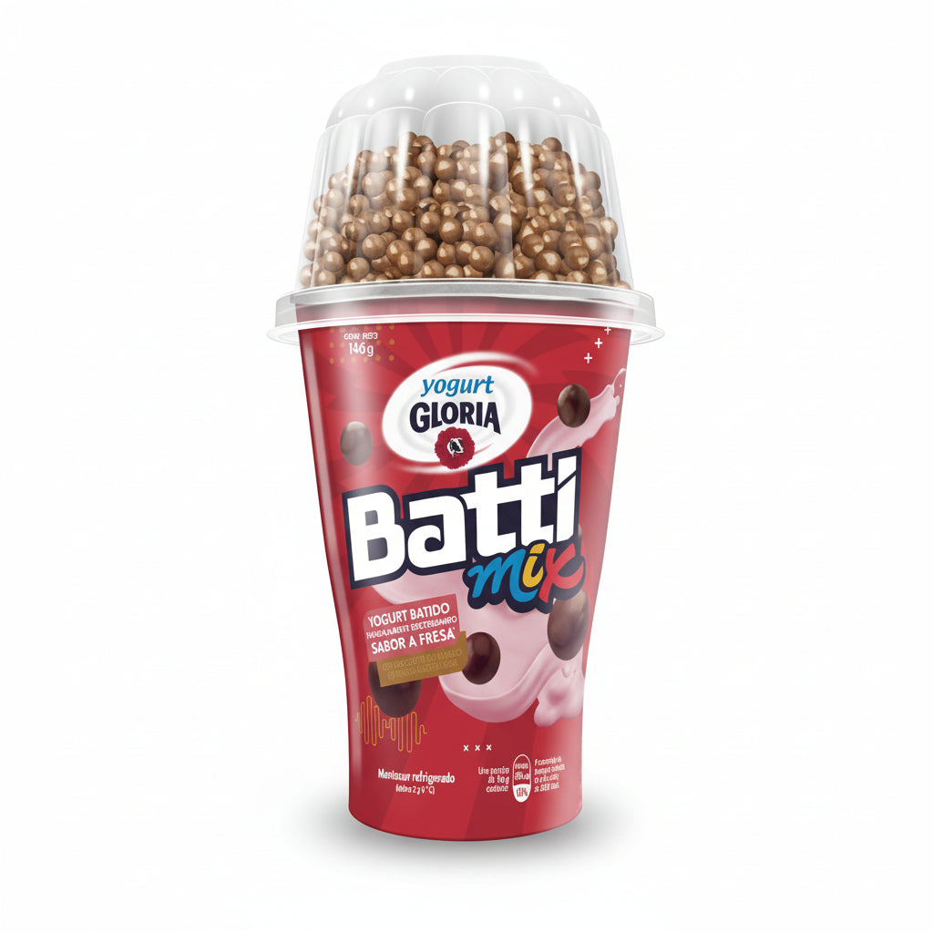 Yogurt Batido Gloria Sabor Fresa con Bolitas de Chocolate Batti Mix Vaso146gr