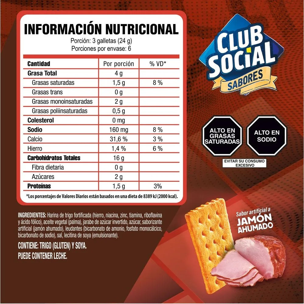 Galletas Club Social Jamon Ahumado Bolsa 6 Und  144g